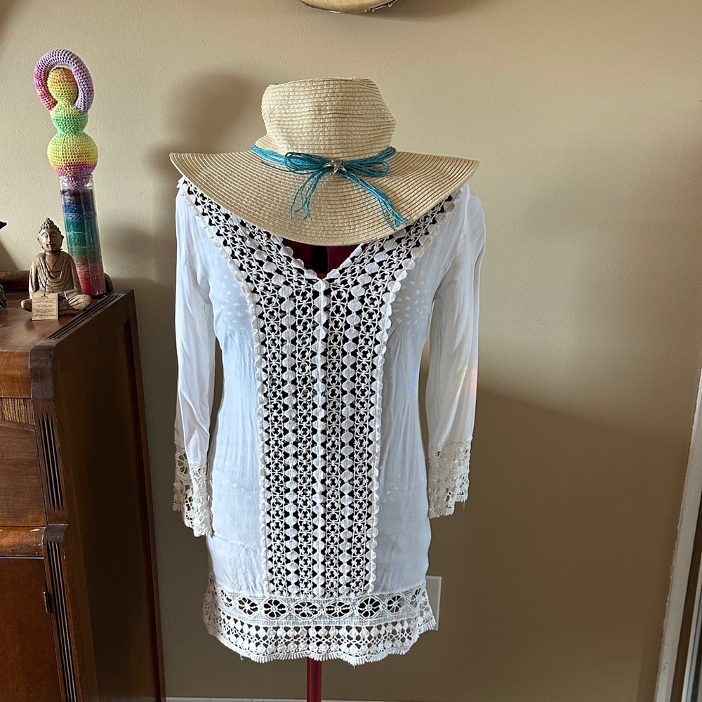 Swimsuit cover up. Cream coloured. Rayon with 100% cotton crochet.solitaire swim